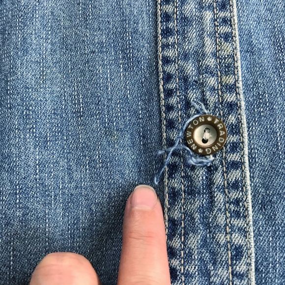 NEWTON TRADING CO. Distressed Denim Shirt Small Button Front Flannel Trim Worn - Picture 11 of 11